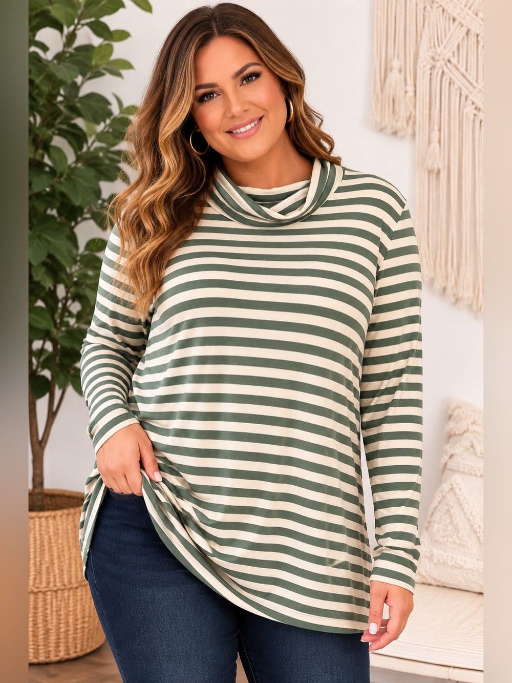 NWT Ava & Viv 3X Green Cream Striped Cowl Neck Tunic Top Plus Size 24/26